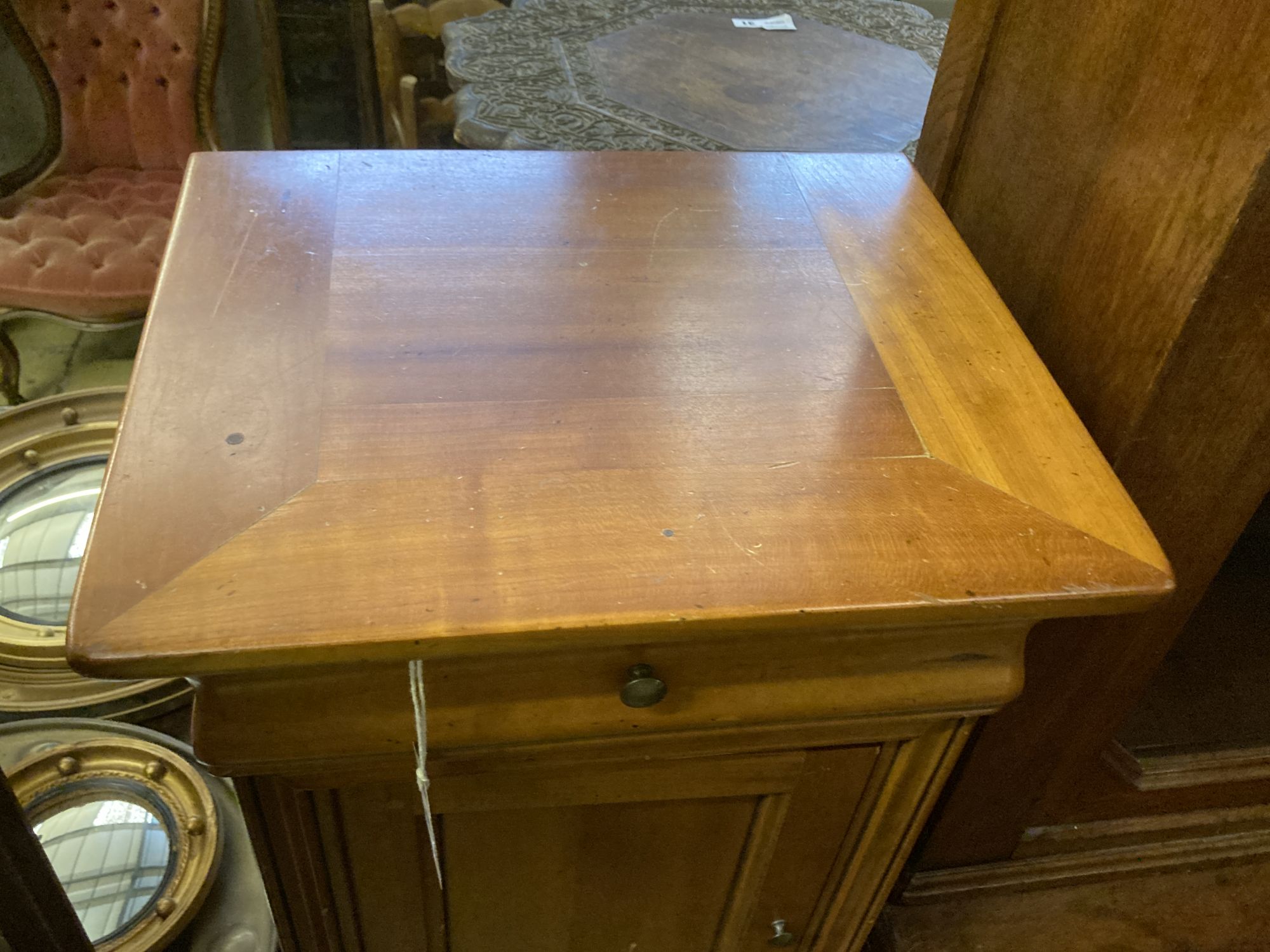 A pair of French style cherry bedside cabinets, width 40cm, depth 35cm, height 72cm